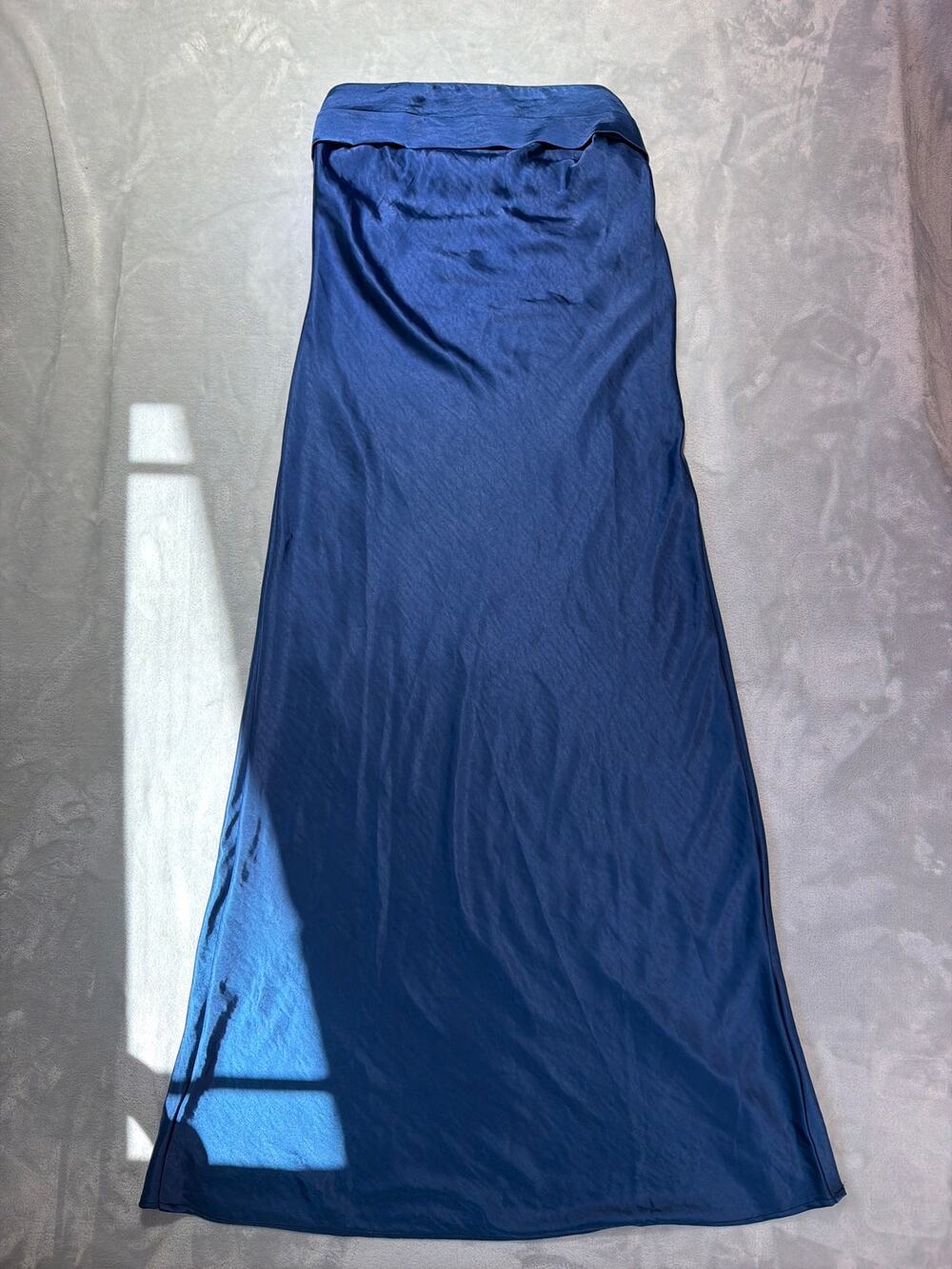 NWT Realtix Steel Blue Satin Strapless Backless Maxi Dress Size L Evening Gown